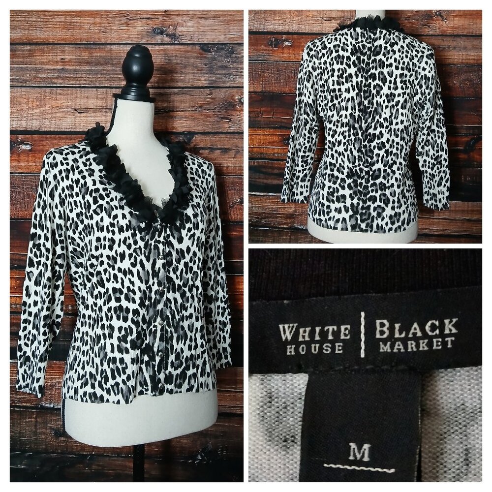 White House Black Market Cardigan Sweater M Leopard Ruffle Collar 3/4 Sleeve